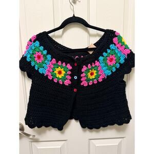 Handmade Crochet Granny Square Cardigan Top – Multicolor Boho y2k 
Black  S/M